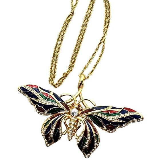 Camrose Kross Necklace Jackie Kennedy JBK Gold Enamel Butterfly Pin Pendant - Picture 5 of 6